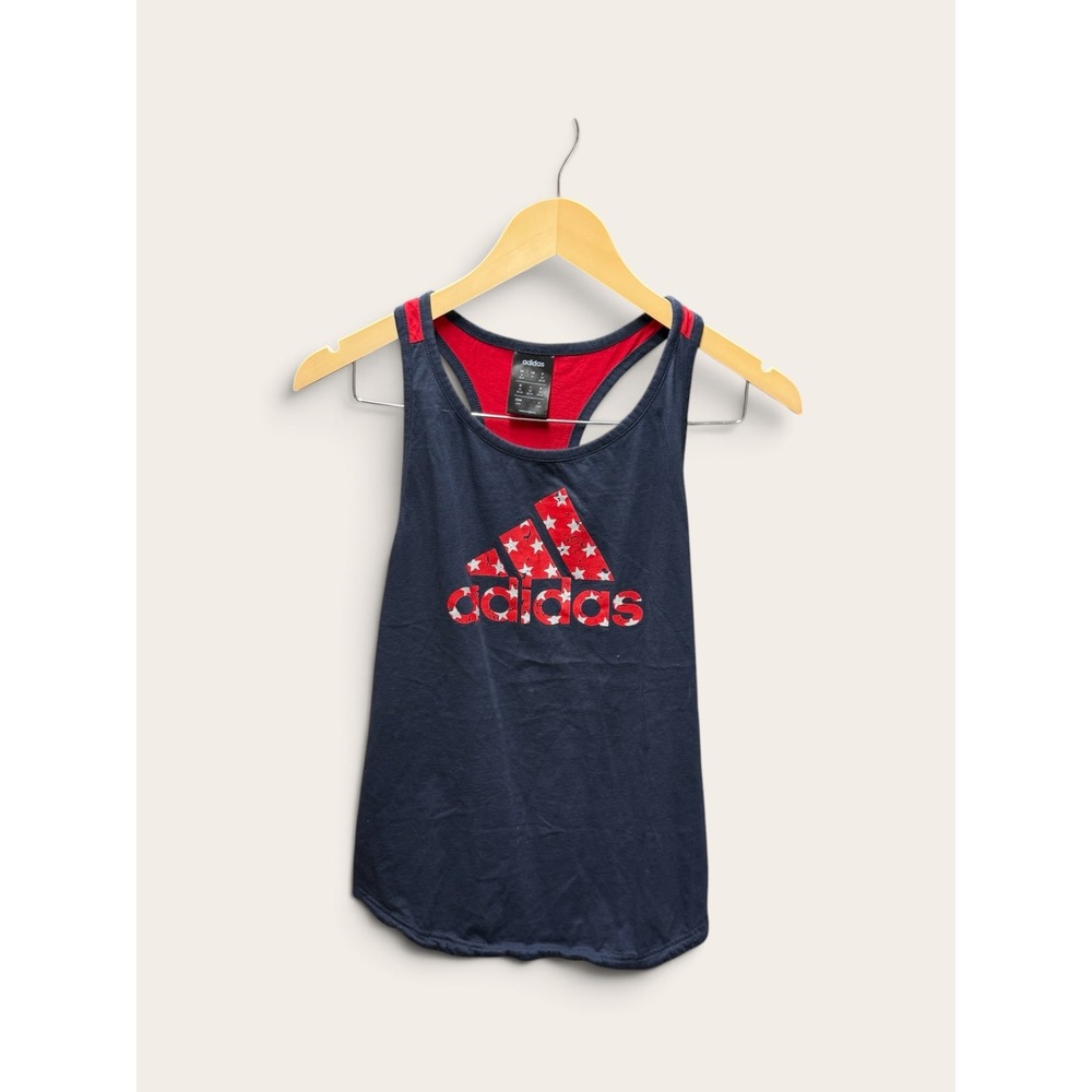 Adidas Womens Medium Navy Blue Red White Star Logo Racerback Tank Top EUC